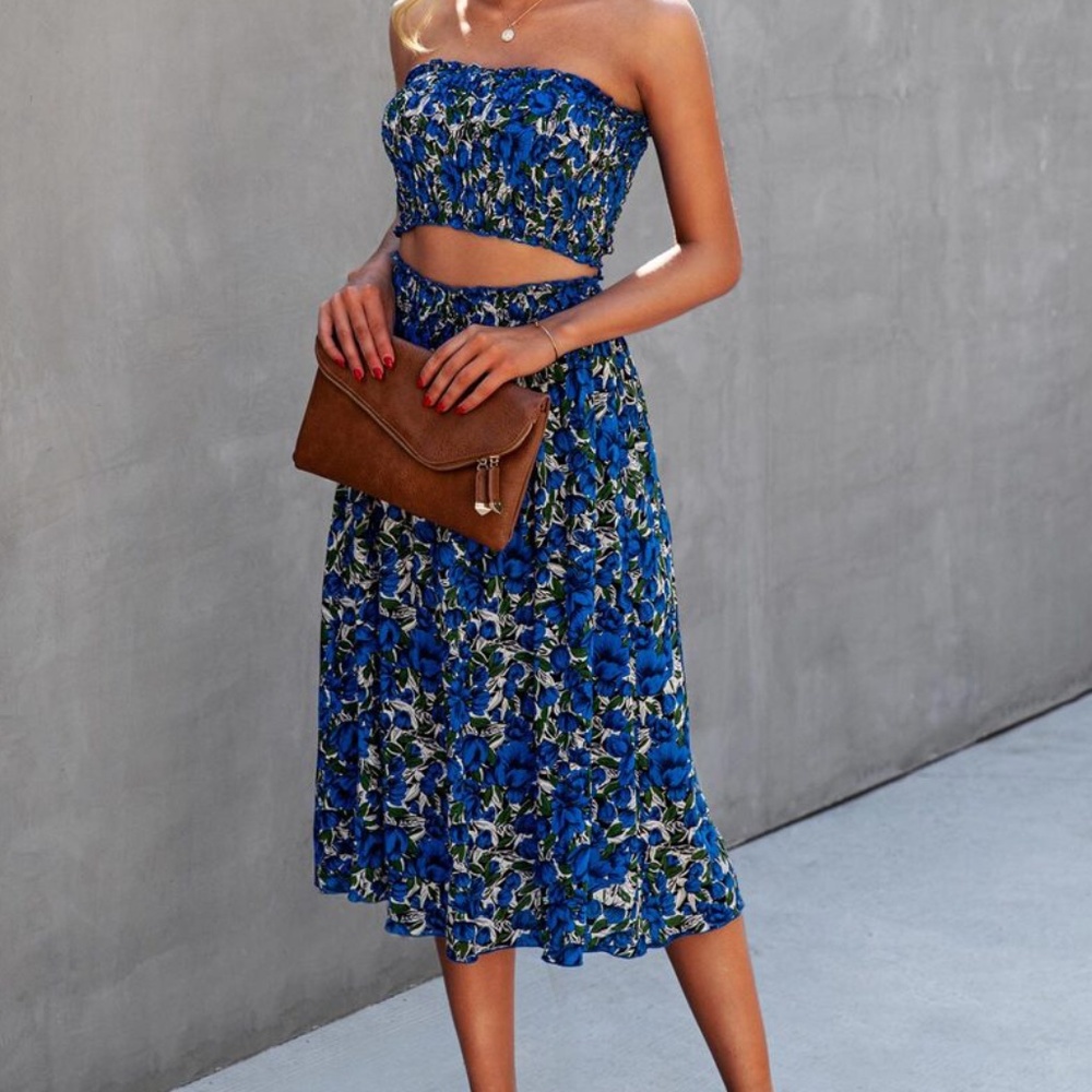 Boho Blue Floral Crop Top Midi Skirt Set Beach - Picture 2 of 4